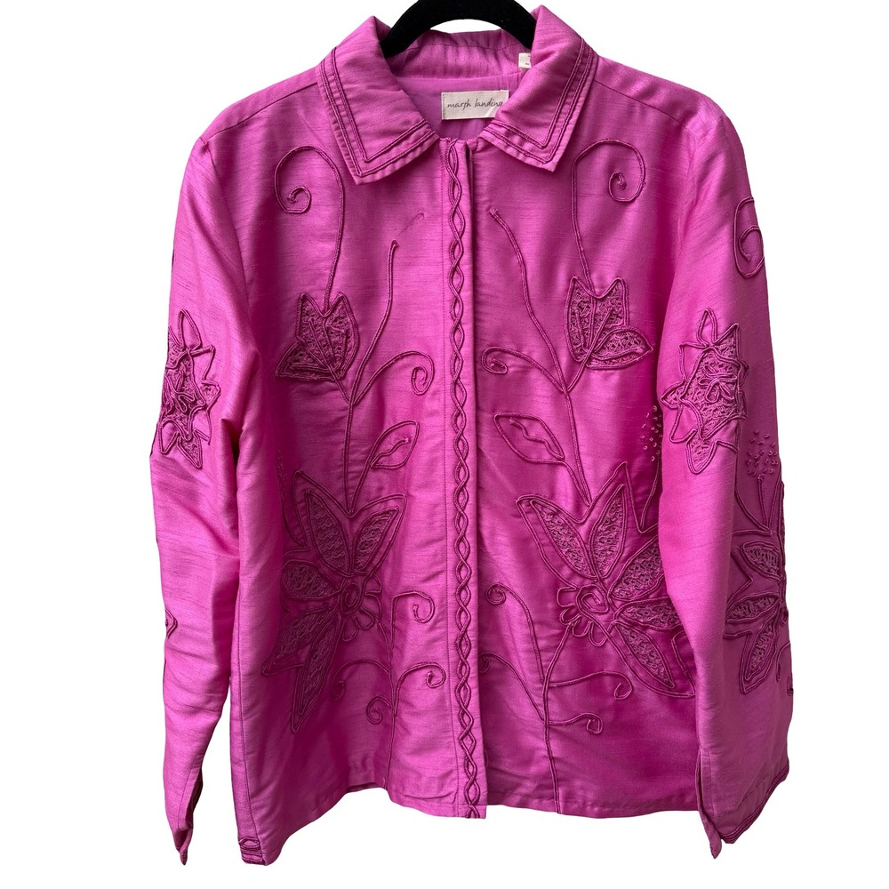 Marsh Landing Barbiecore Coastal Boho Embroidered Floral Crochet Jacket Pink M